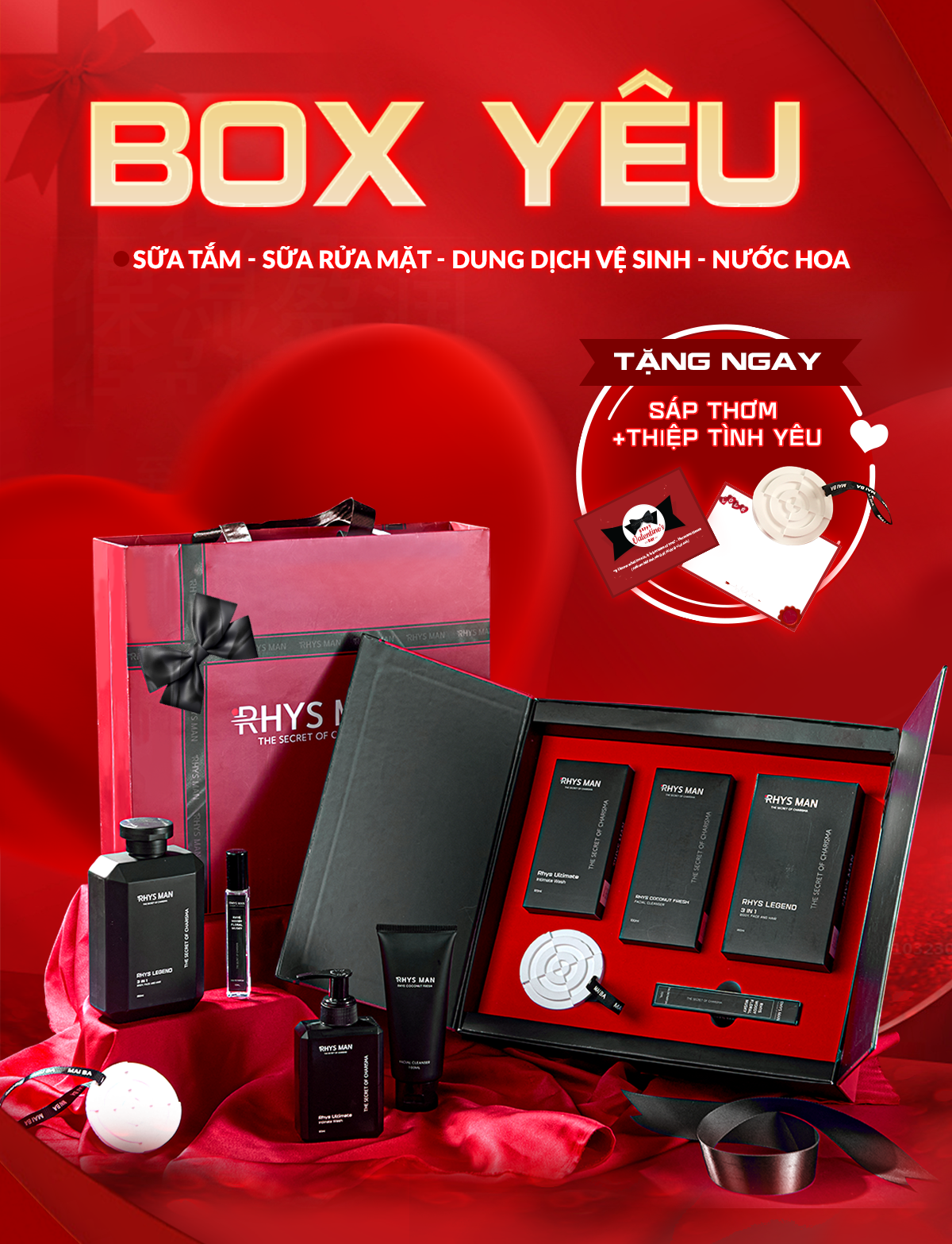 Mô tả Quà tặng Valentine - Sữa tắm gội 3in1 350ml & Dung dịch vệ sinh 120ml & Sữa rửa mặt 100ml & Nước hoa nam 10ml RHYS MAN - 1