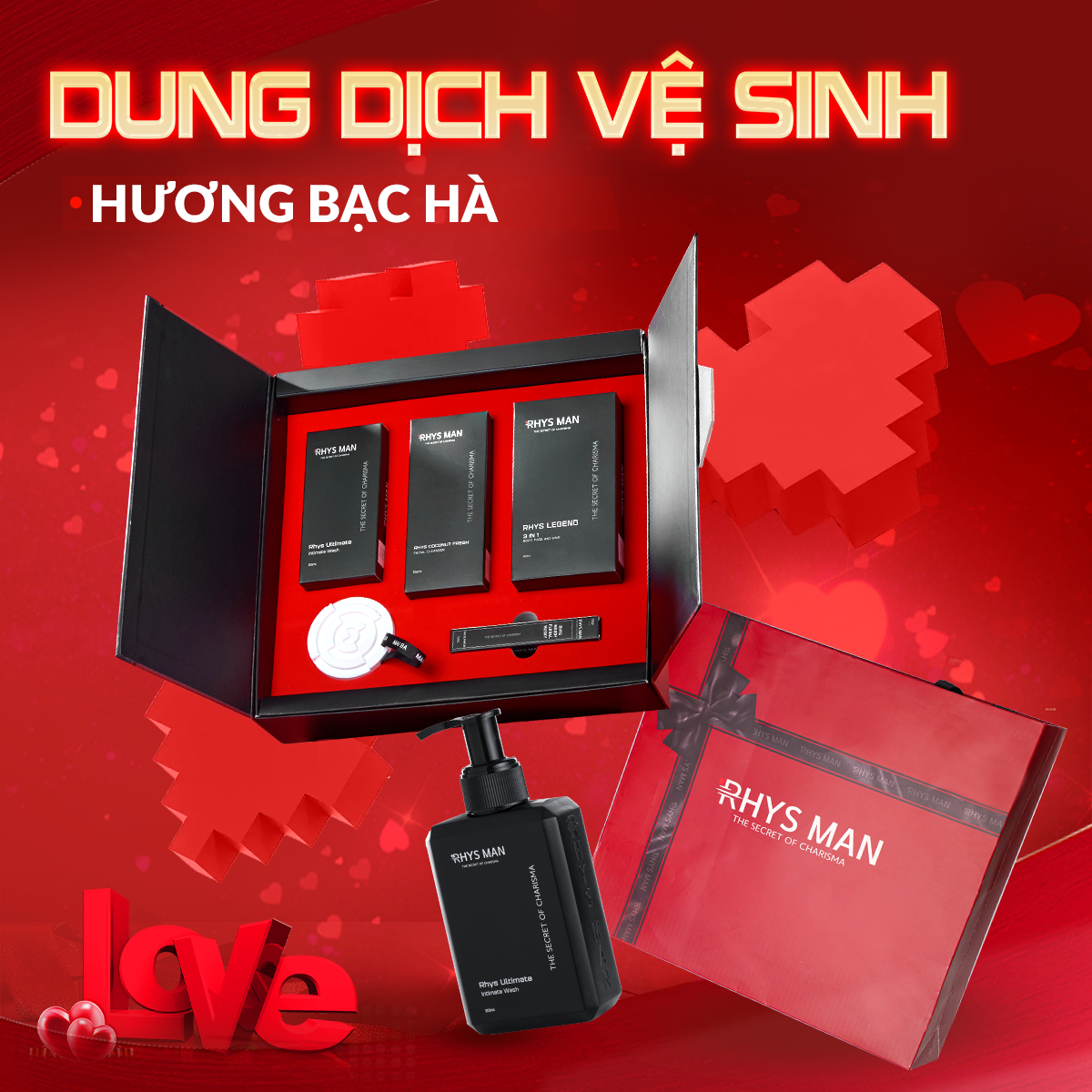 Mô tả Quà tặng Valentine - Sữa tắm gội 3in1 350ml & Dung dịch vệ sinh 120ml & Sữa rửa mặt 100ml & Nước hoa nam 10ml RHYS MAN - 3