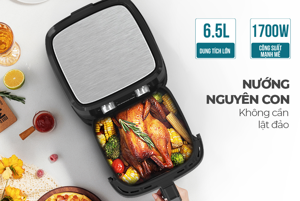 Mô tả Nồi chiên không dầu 6.5L SUNHOUSE SHD4030 - Công nghệ Rapid Air giảm tới 80% dầu mỡ - Khoang chiên trong suốt - 3