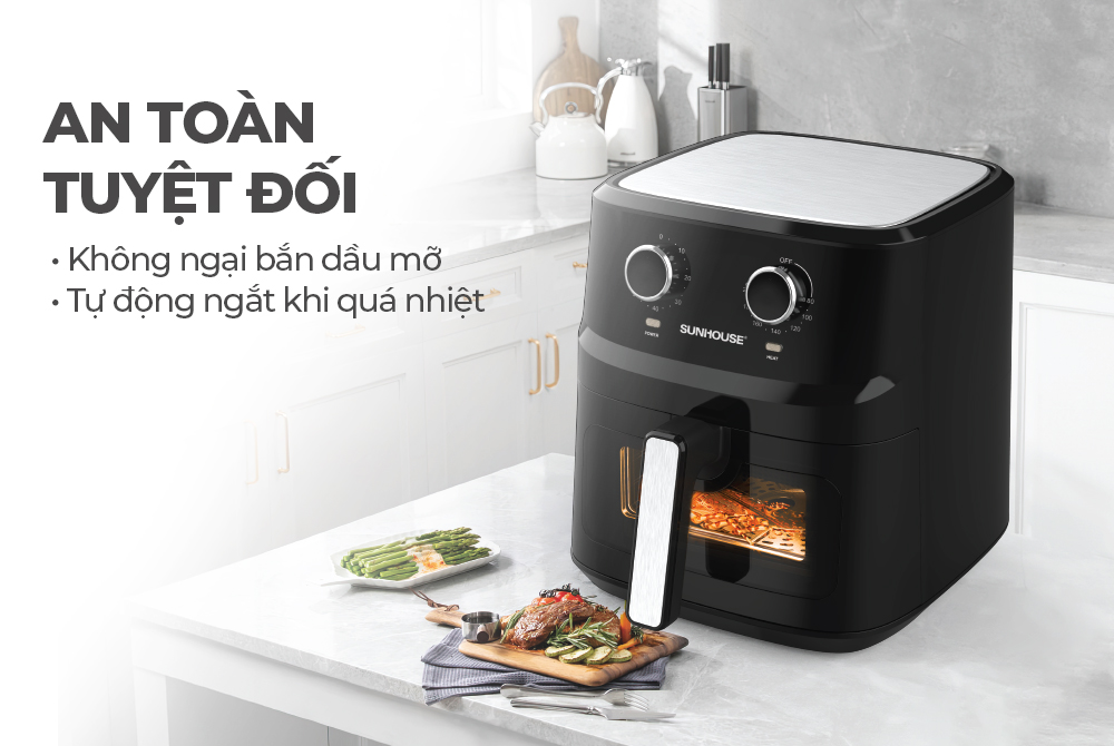 Mô tả Nồi chiên không dầu 6.5L SUNHOUSE SHD4030 - Công nghệ Rapid Air giảm tới 80% dầu mỡ - Khoang chiên trong suốt - 7