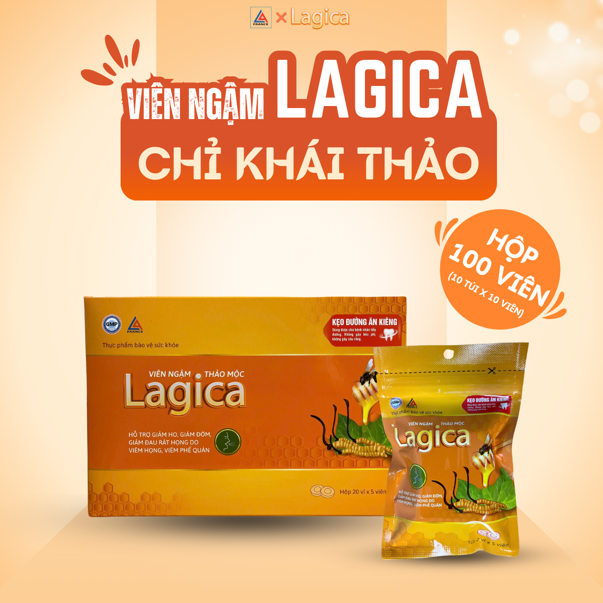 Mô tả Viên Chỉ Khái Thảo Lagica - Dạng Kẹo Ngậm Hỗ Trợ Giảm Ho, Viêm Khan Họng, thơm mát miệng, tiện lợi - 1
