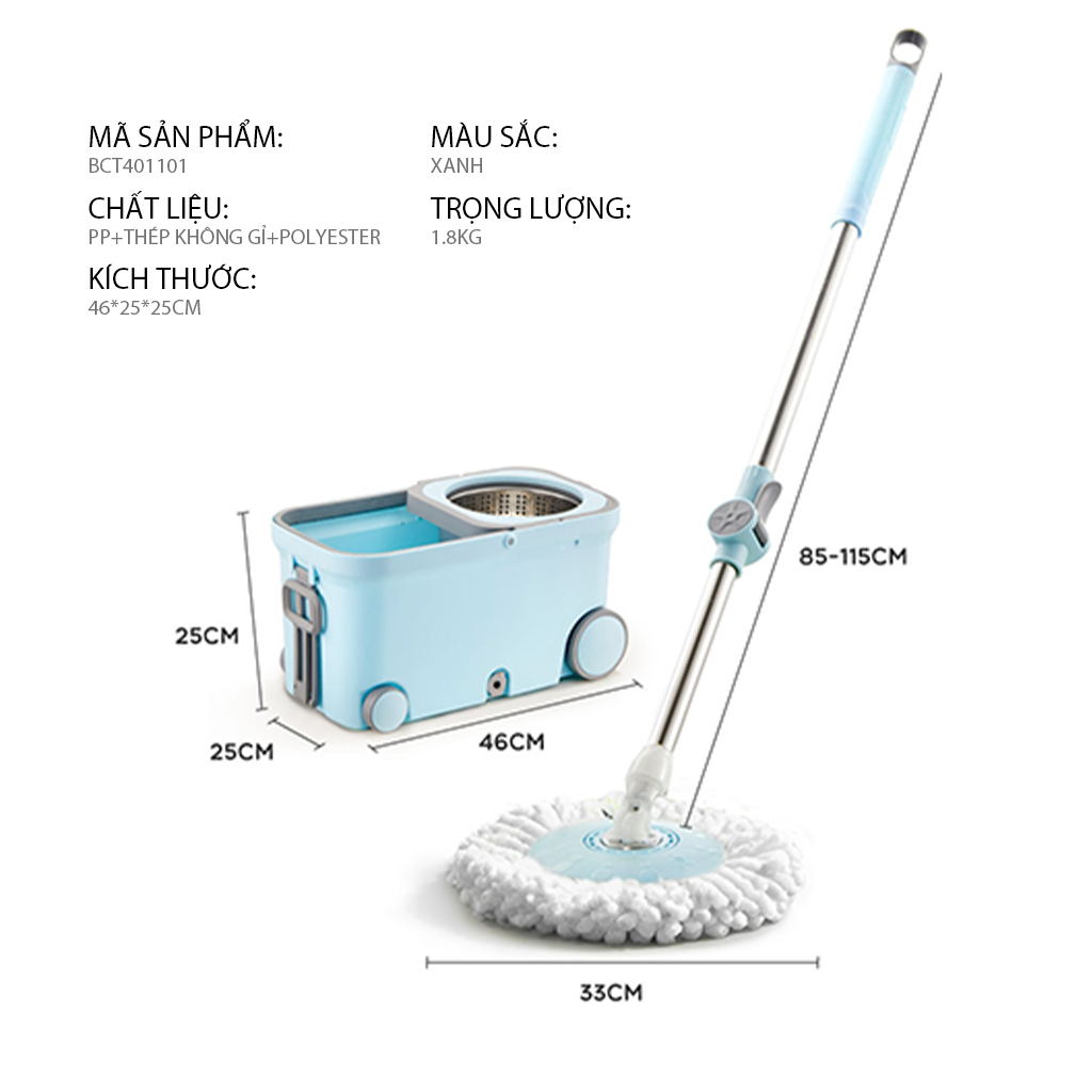 Mô tả Bộ thùng lau nhà thông minh Samono BCT704 hai bánh xe 1 ngăn kèm cây lau tự vắt xoay 360 độ, tiện lợi, siêu sạch - 12
