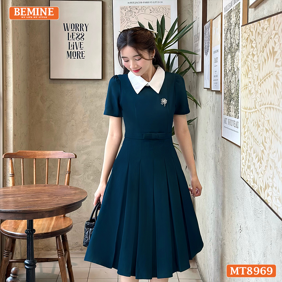 Mô tả Đầm thiết kế cổ sen eo đính nơ tùng xếp ly BEMINE MT8969 - 1