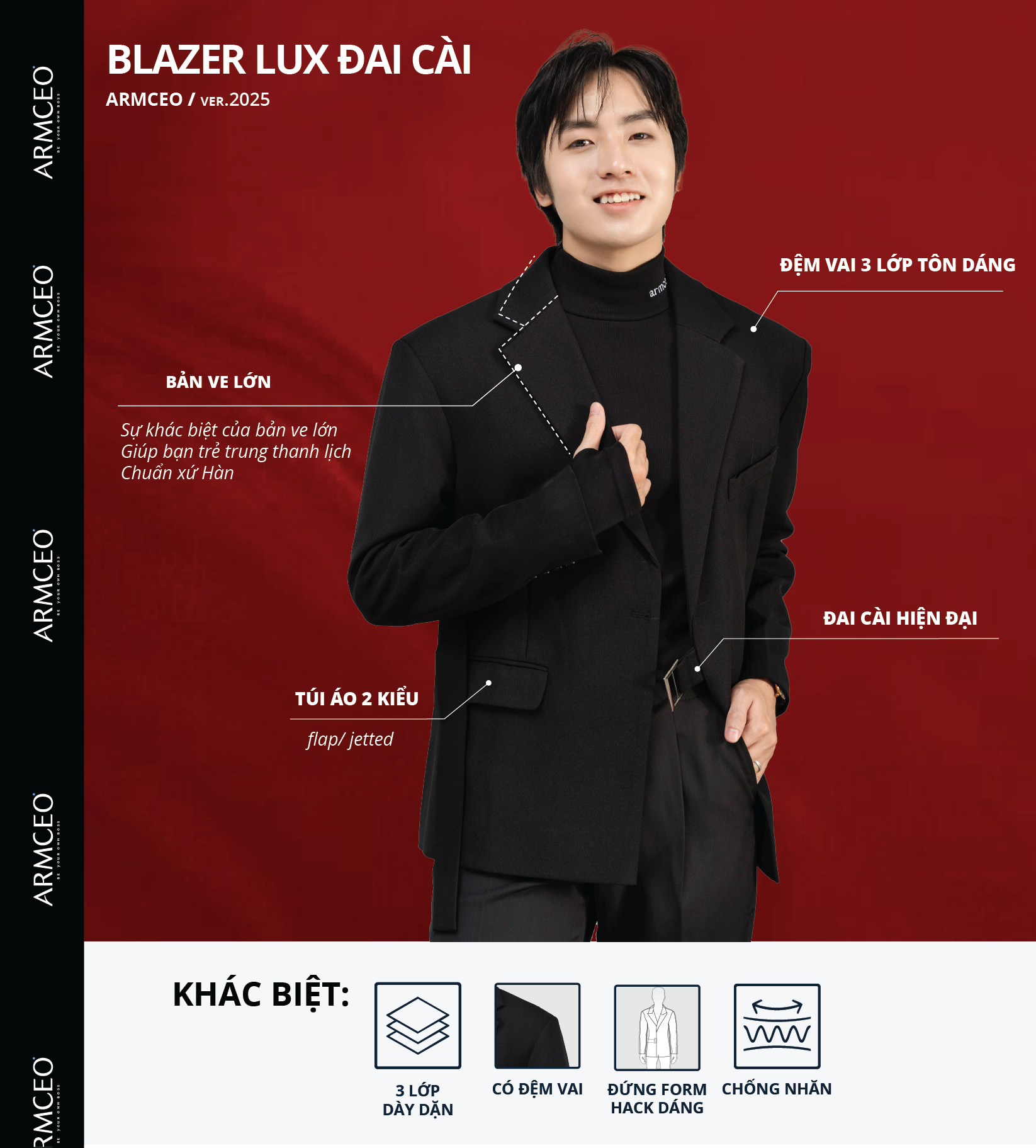 Mô tả Áo blazer nam cao cấp  ARMCEO LUX đai cài, có đệm vai, form tôn dáng chuẩn Hàn Quốc -ARK01 - 1