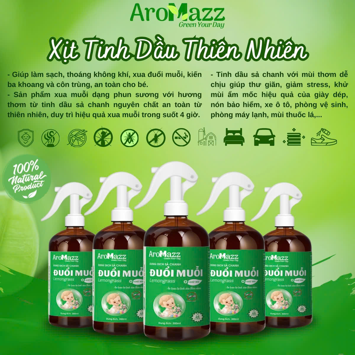 Mô tả Xịt Tinh Dầu  Xịt Thơm Phòng Khử Mùi Đuổi Muỗi Côn Trùng AroMazz Nhiều Mùi Chai Lớn 300ml - 4