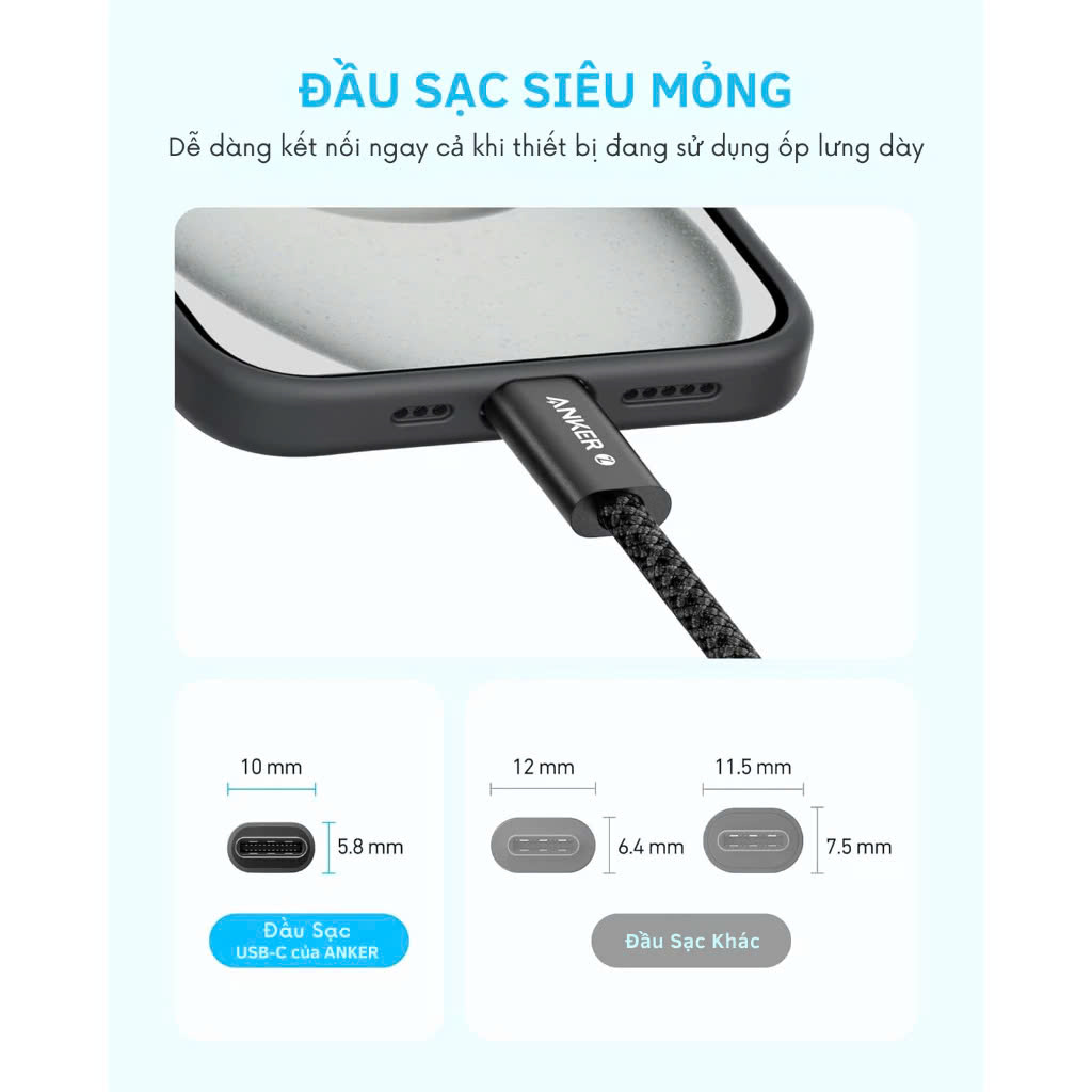 Mô tả Cáp sạc nhanh Anker Zolo USB-C to USB-C công suất 240W 1M, Chất liệu nylon - A8060 - 3