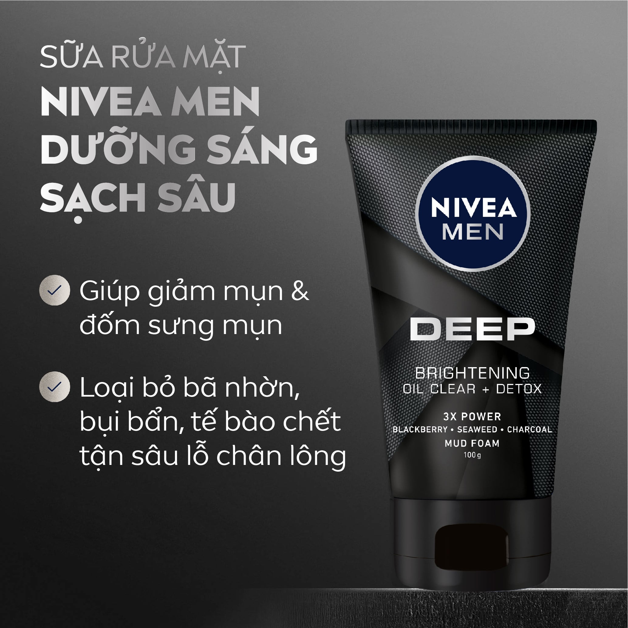 Mô tả Bộ 2 Sữa Rửa Mặt NIVEA MEN Deep Giảm Mụn | Sáng Da Than Đen Hoạt Tính (100 g) - 84415 - 1
