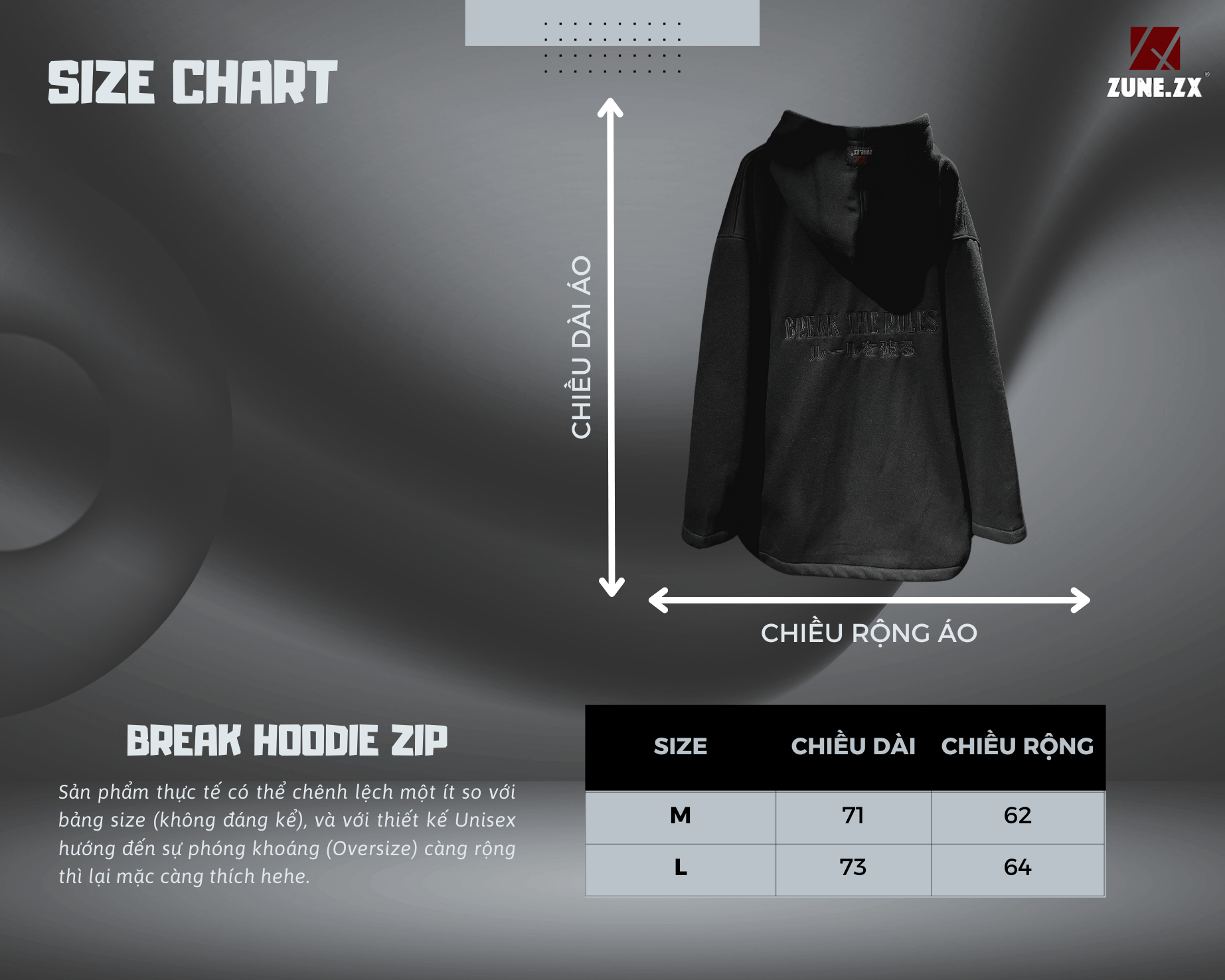 Mô tả Áo Hoodie Zip đen thiết kế Unisex Zune.zx, BREAK HOODIE ZIP - 1