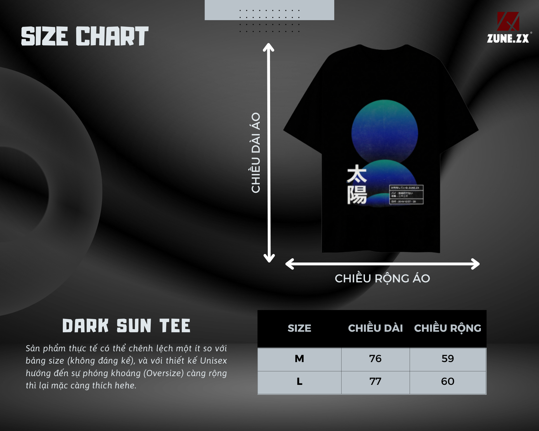 Mô tả Áo phông Unisex Zune.zx, ngắn tay in họa tiết Nhật Bản, DARK SUN TEE - 1