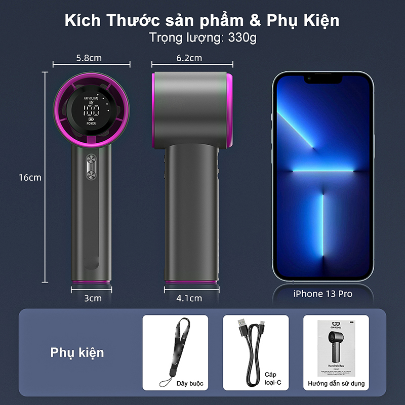 Mô tả Quạt Cầm Tay Mini Làm Mát Nhanh HOKU 100 Mức Gió Hiển Thị Kỹ Thuật Số Pin 4000mAh Sử Dụng Lên Đến 12H QCT07 - 4