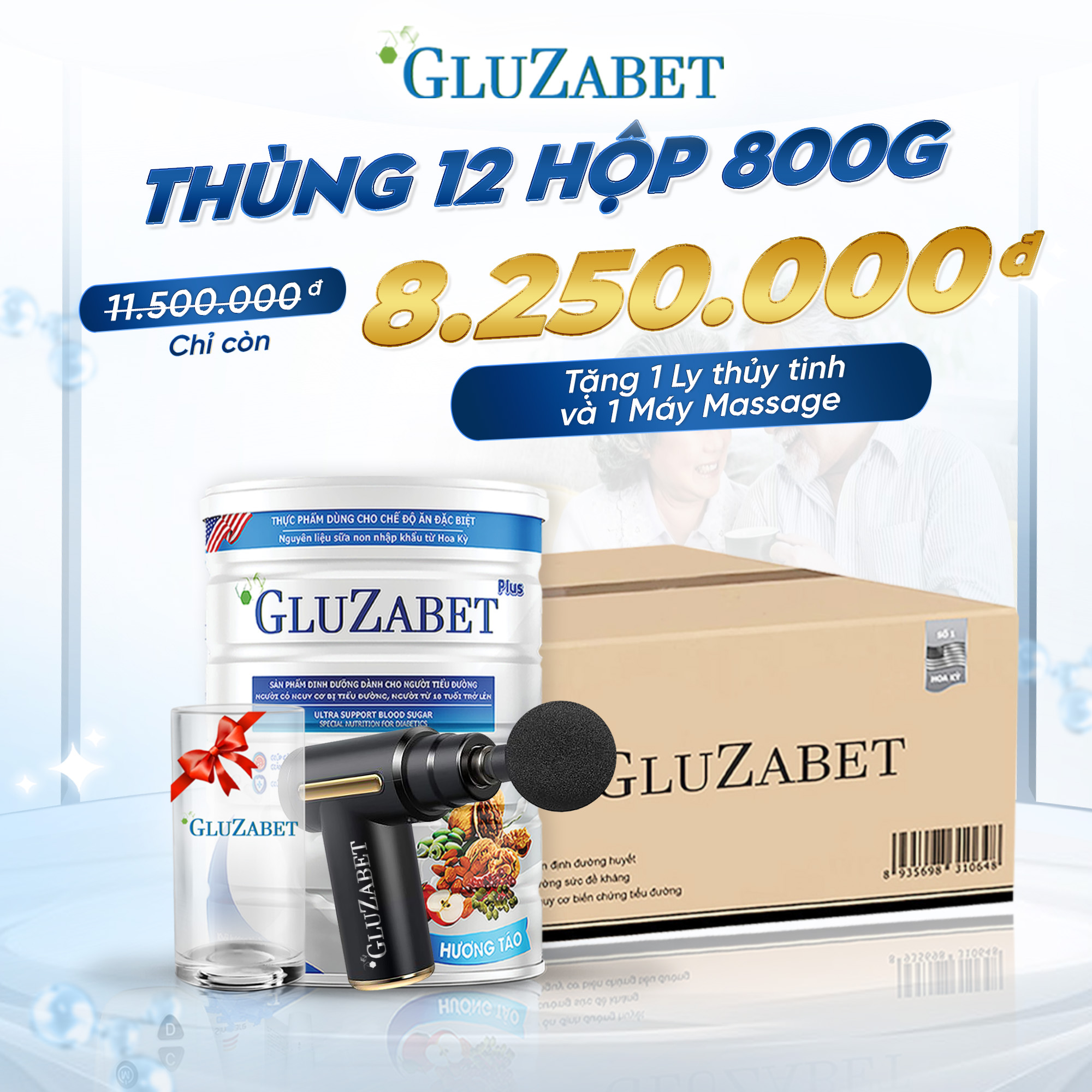 Mô tả Thùng 12 Tặng 1 Máy MASSA - Gluzabet  Ổn Định Đường Huyết, Ngăn Ngừa Biến Chứng Tiểu Đường, Giảm Tiểu Đêm, Ngủ Ngon - 1