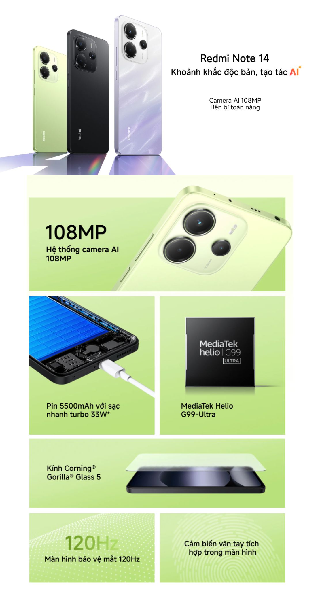 Mô tả Điện thoại thông minh Redmi Note 14 (6+128GB) | Camera AI 108MP | MediaTek Helio G99-Ultra | Pin 5500mAh - 2