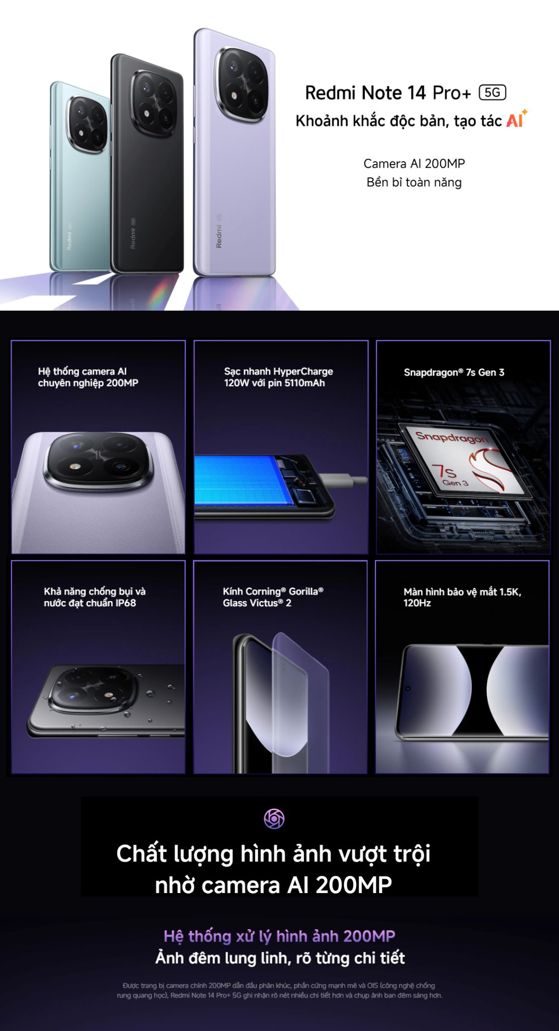 Mô tả Điện thoại thông minh Redmi Note 14 Pro+ 5G (8+256GB) | Màn hình 6.67" | Snap 7S Gen 3 | Camera AI 200MP - 2