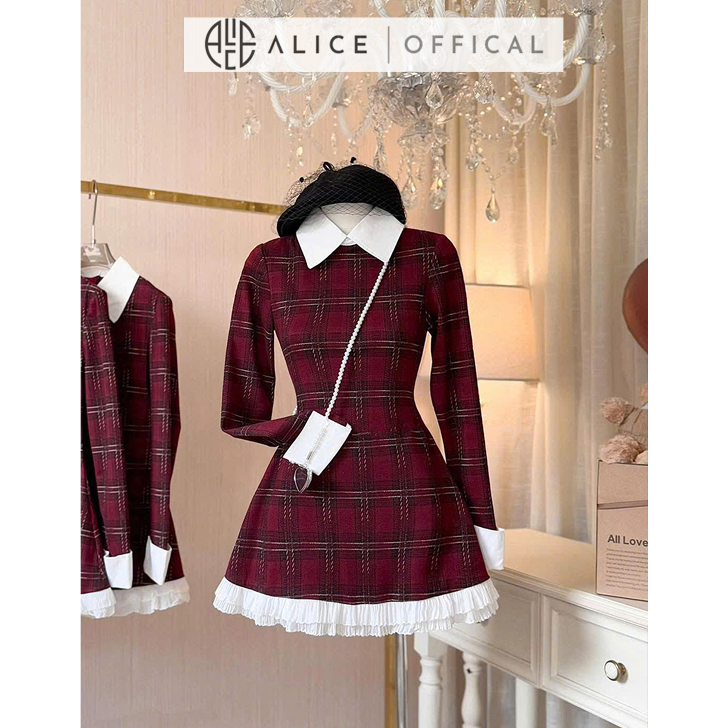 Mô tả Váy Nữ Chất Dạ Kẻ Đỏ Ép Alice, Váy Dáng Ngắn Phối Thô, Cổ Sơ Mi, Tay Áo Dài Phù Hợp Đi Chơi, Dạo Phố V1299 - 1
