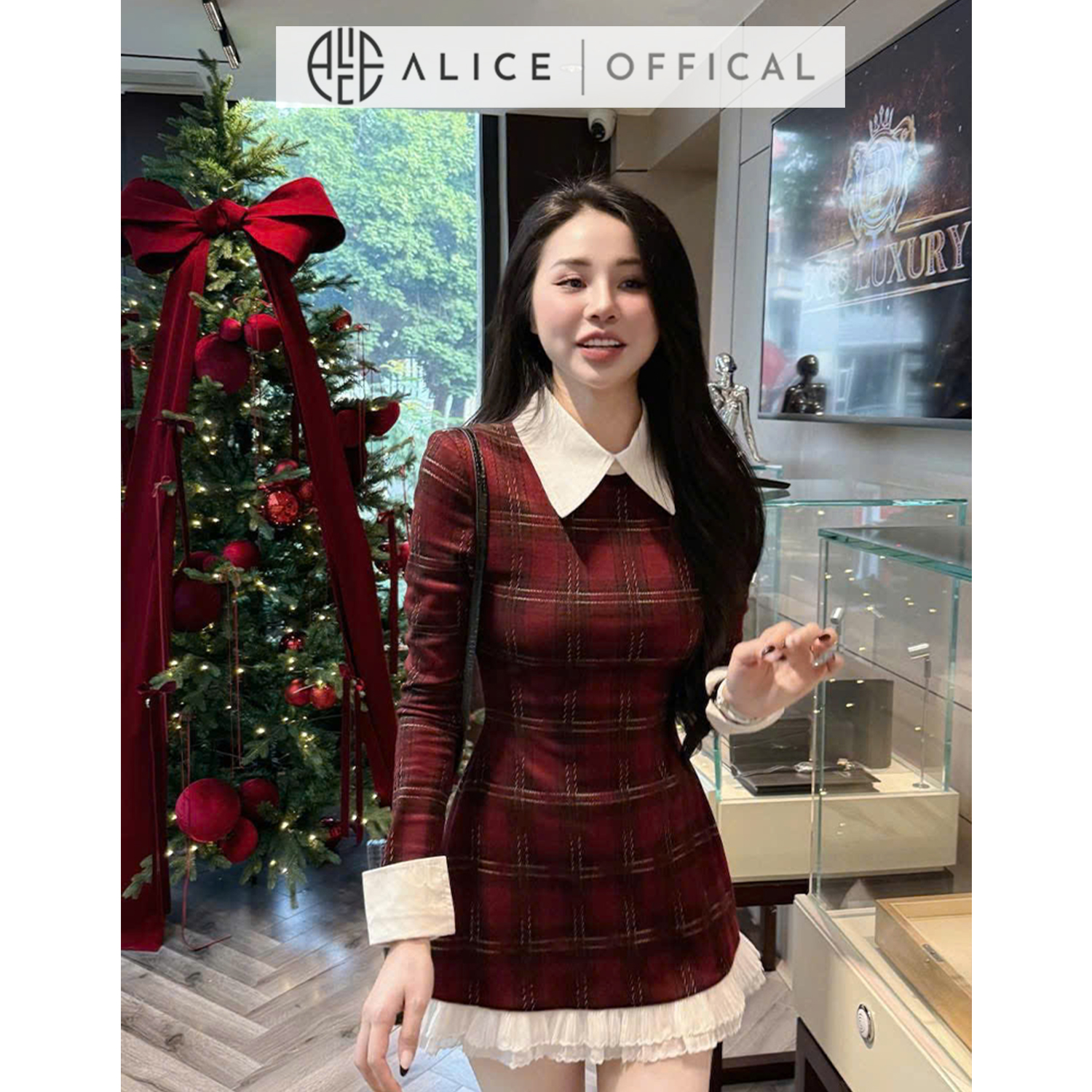 Mô tả Váy Nữ Chất Dạ Kẻ Đỏ Ép Alice, Váy Dáng Ngắn Phối Thô, Cổ Sơ Mi, Tay Áo Dài Phù Hợp Đi Chơi, Dạo Phố V1299 - 5