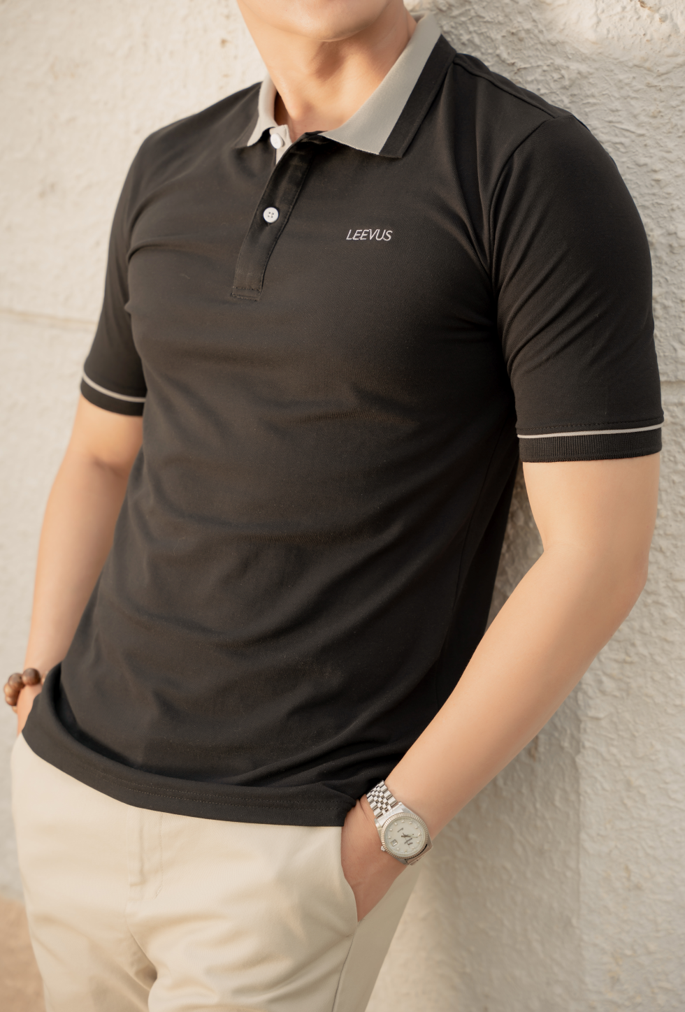 Mô tả Áo Polo nam DYSAN LEEVUS đen phối xám, thêu logo, vải CVC cá sấu, form regular APL264 - 3