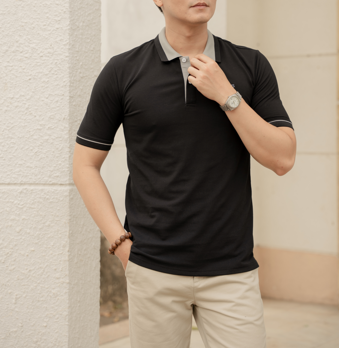 Mô tả Áo Polo nam DYSAN LEEVUS đen phối xám, thêu logo, vải CVC cá sấu, form regular APL264 - 4
