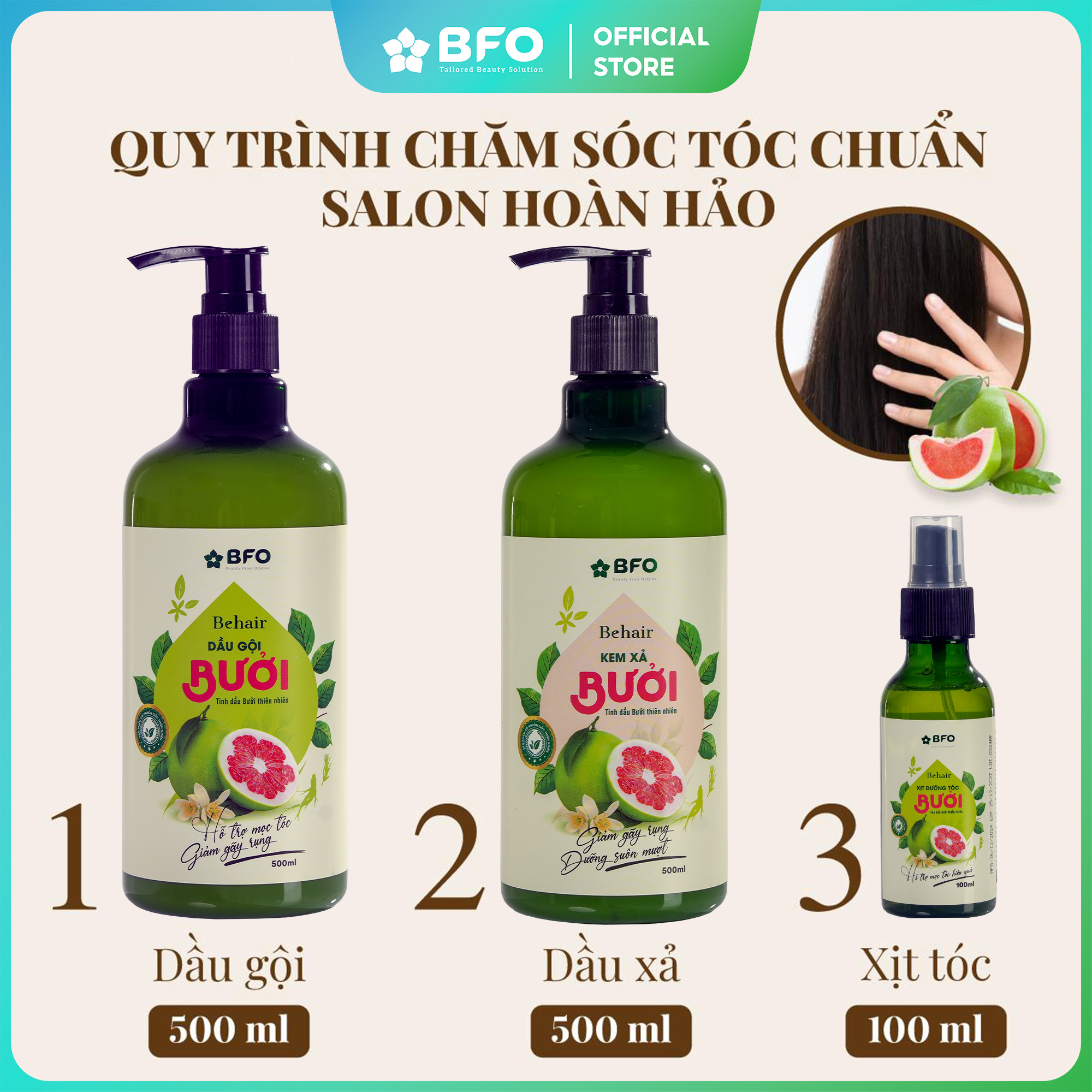 Mô tả (TẶNG SỮA TẮM 3OML) Dầu Gội Dầu Xả và Xịt Dưỡng Tóc Dưỡng Tóc Tinh Dầu Bưởi BFO Behair 500ml - 2