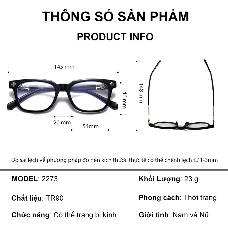 Mô tả Gọng kính cận thời trang nam nữ ANDU phong cách Chrome Heart dáng vuông nhựa cao cấp - 2273 - 2