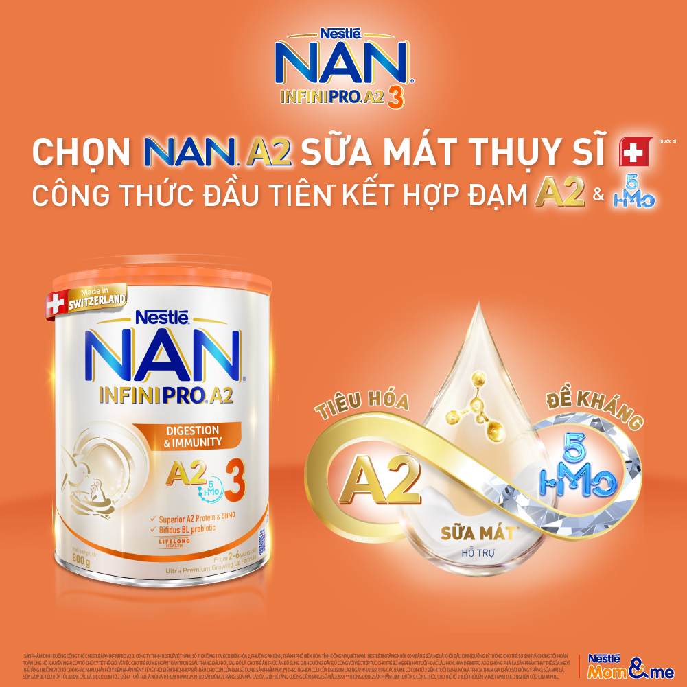 Mô tả Sữa bột Nestlé NAN INFINIPRO A2 3 800g nhập khẩu Thụy Sĩ với đạm quý A2 & 5HMO giúp tiêu hóa tốt, đề kháng khỏe - 1