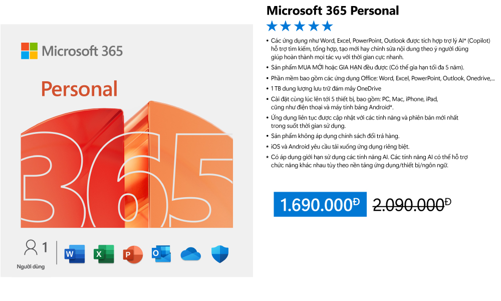 Mô tả Phần mềm Microsoft 365 𝐏𝐄𝐑𝐒𝐎𝐍𝐀𝐋 | 12 tháng | Dùng 1 người| 5 thiết bị | 1 TB Onedrive - 1