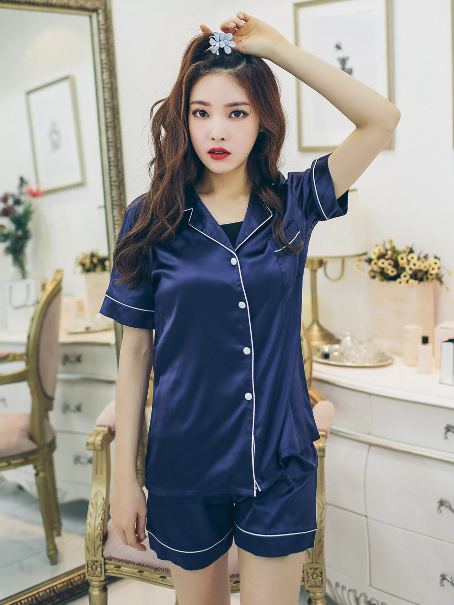 Mô tả Bộ pyjama mặc nhà nữ 4LOVA set đồ ngủ sang trọng mềm mại lụa satin đẹp dáng áo cộc tay quần short - 1