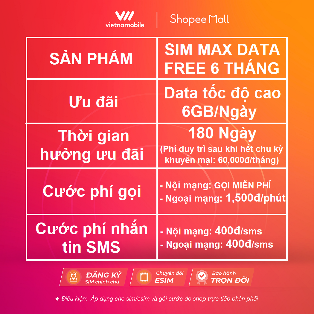 Mô tả Sim 4G Vietnamobile Data 6GB/Ngày - 180GB/Tháng, Miễn Phí Gọi Nội Mạng. Độc Quyền VIETNAMOBILE - SIMTHEVN - 1