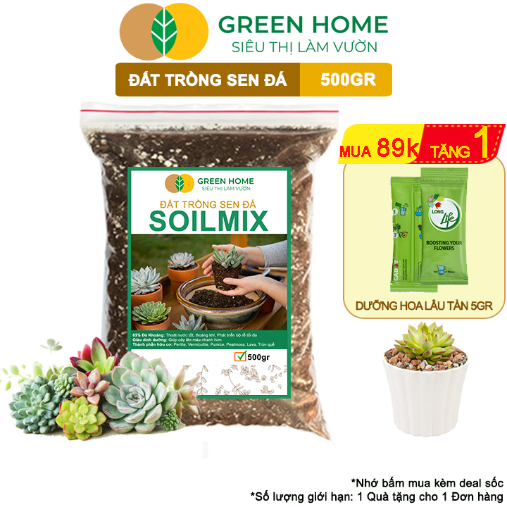 Mô tả Đất Trồng Sen Đá Greenhome, Soil Mix, Bao 500gr, Trộn Sẵn, 85% Đá Khoáng, Lên Màu, Thoát Nước Tốt - 1