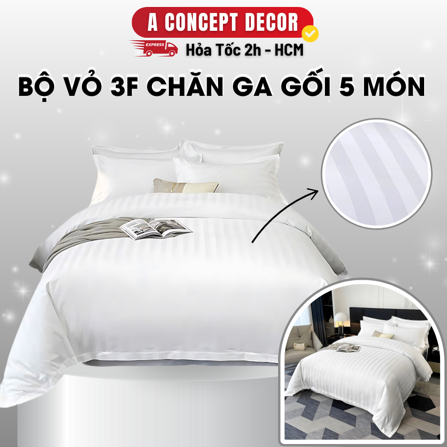 Mô tả Bộ Vỏ Chăn Ga Gối 5 Món Cotton Lụa 3F A Concept Decor Sọc 3 Phân Cao Cấp Vỏ Thoáng Mát Sang Trọng Chuẩn Khách Sạn 5 Sao - 1