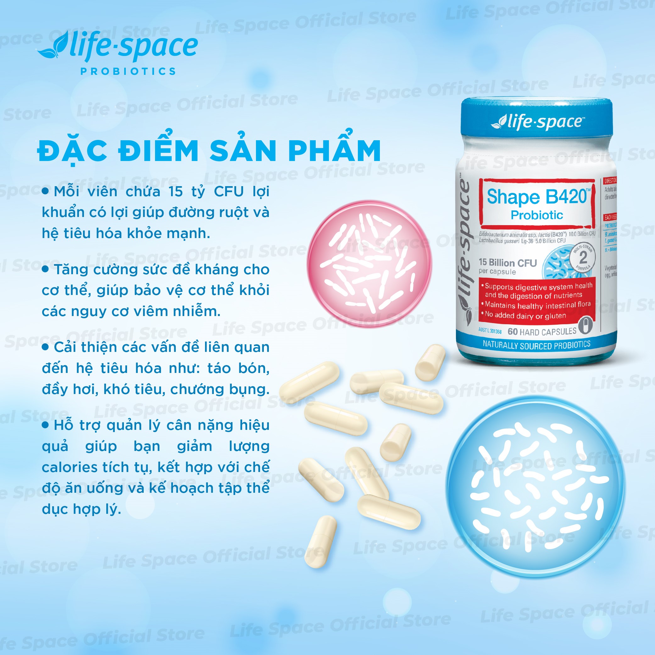 Mô tả Men vi sinh hỗ trợ tiêu hóa và hỗ trợ hệ vi sinh đường ruột khỏe mạnh Life Space Shape B420 Probiotic lọ 30 viên - 3