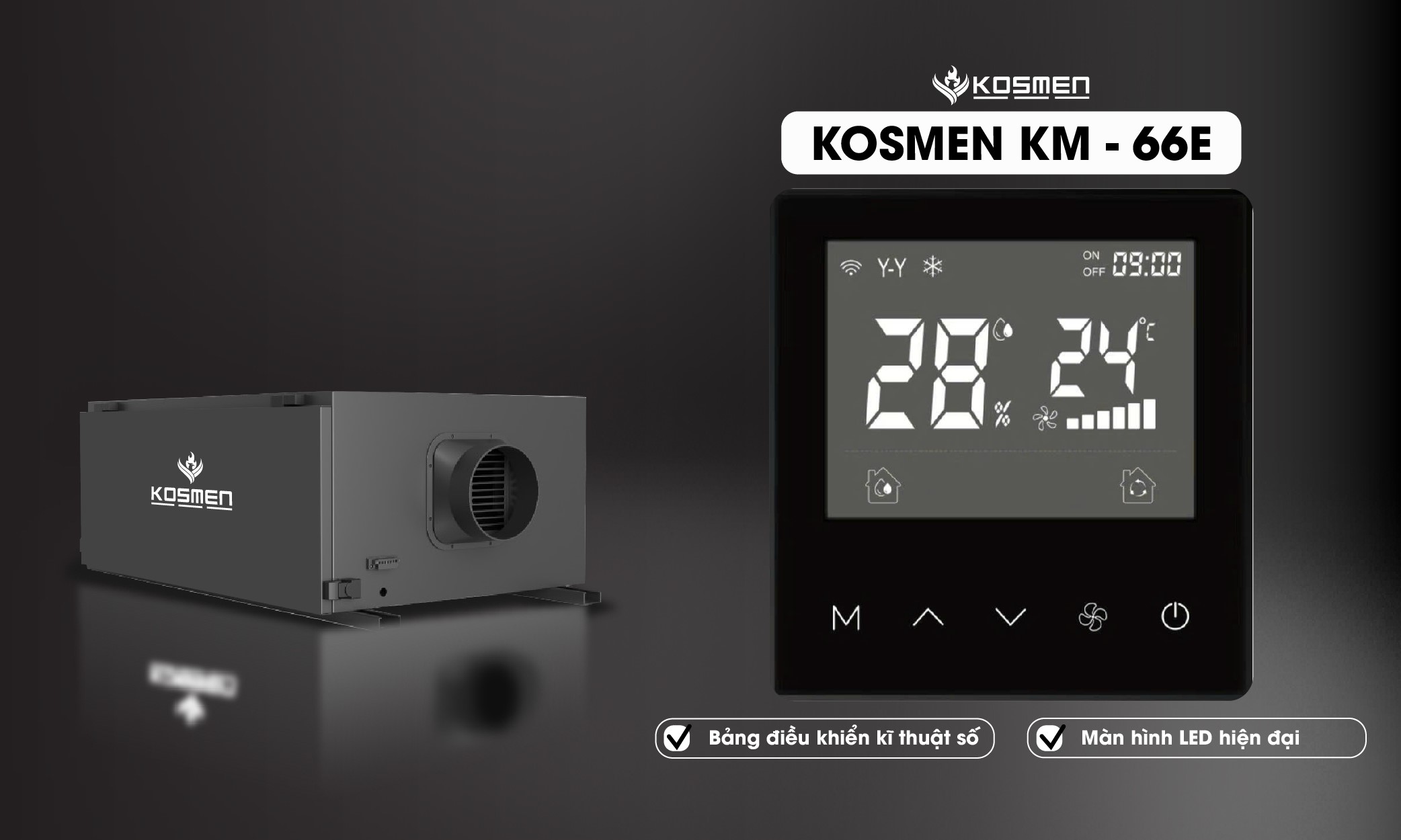 Mô tả Máy Hút Ẩm Âm Trần Kosmen KM-66E Màn Hình Cảm Ứng Kỹ Thuật Số - Hàng Chính Hãng BH 24 tháng - 2