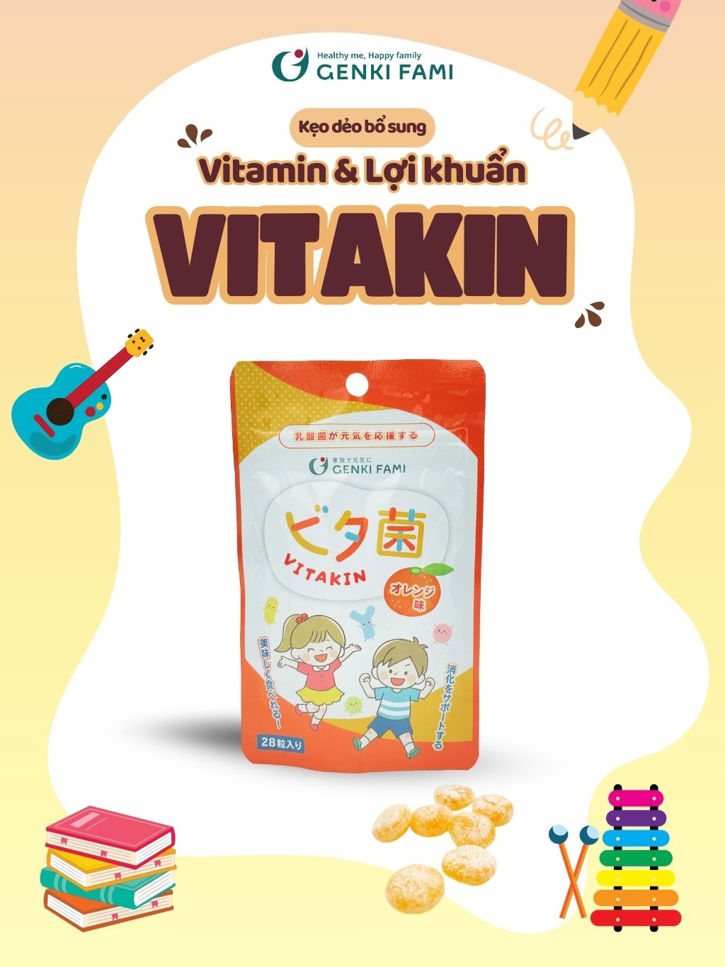 Mô tả Kẹo Dẻo Vị Cam Bổ Sung Vitamin và Lợi Khuẩn Genki Fami Nhật Bản - 1