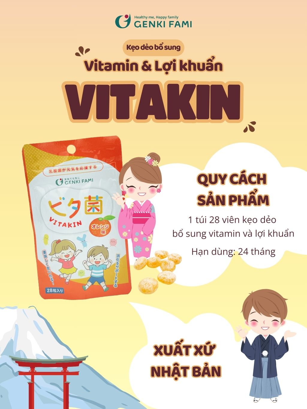 Mô tả Kẹo Dẻo Vị Cam Bổ Sung Vitamin và Lợi Khuẩn Genki Fami Nhật Bản - 3