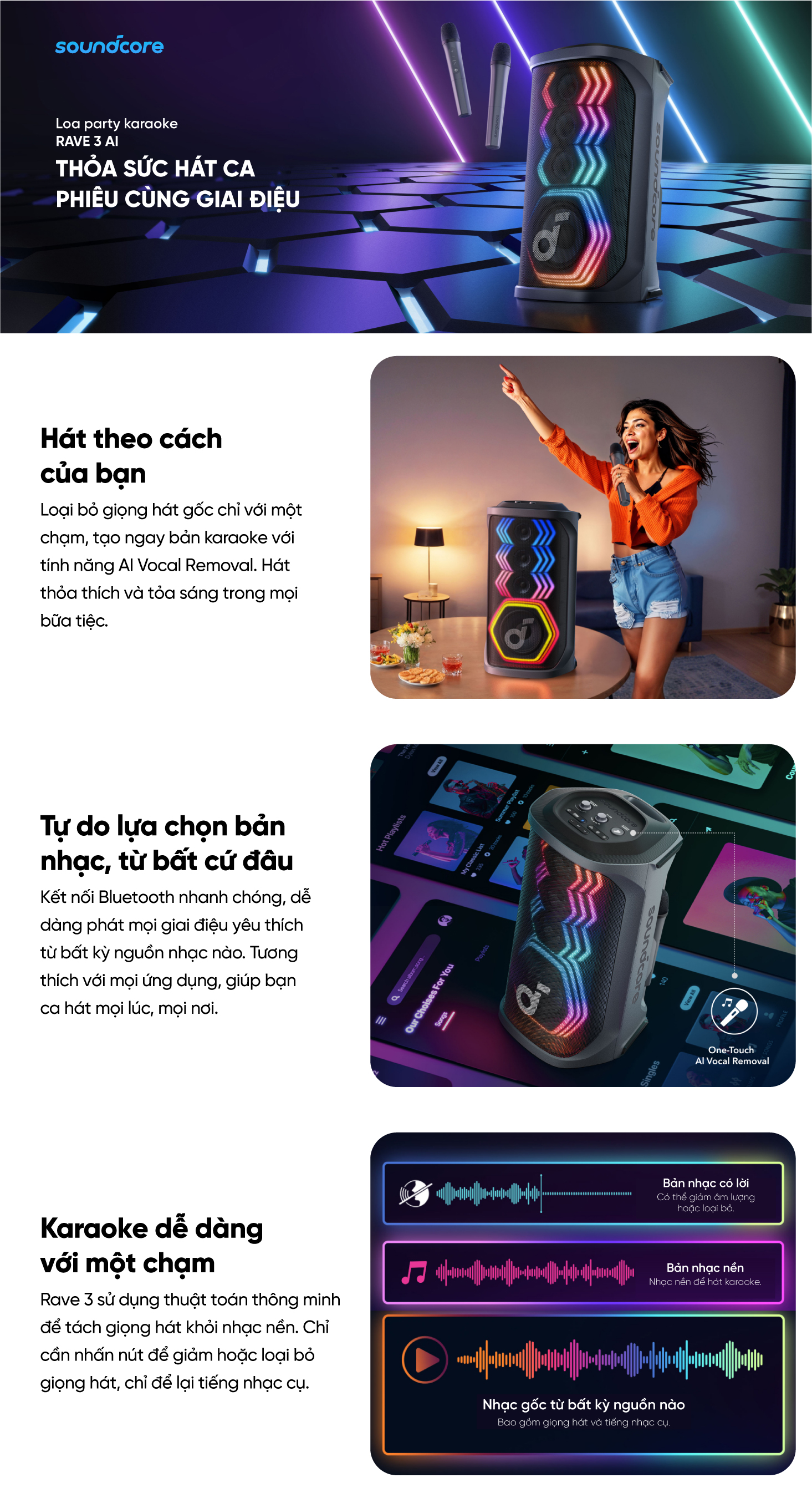 Mô tả Loa bluetooth karaoke party soundcore Rave 3 | Công suất 160W | 2 mic không dây - 1
