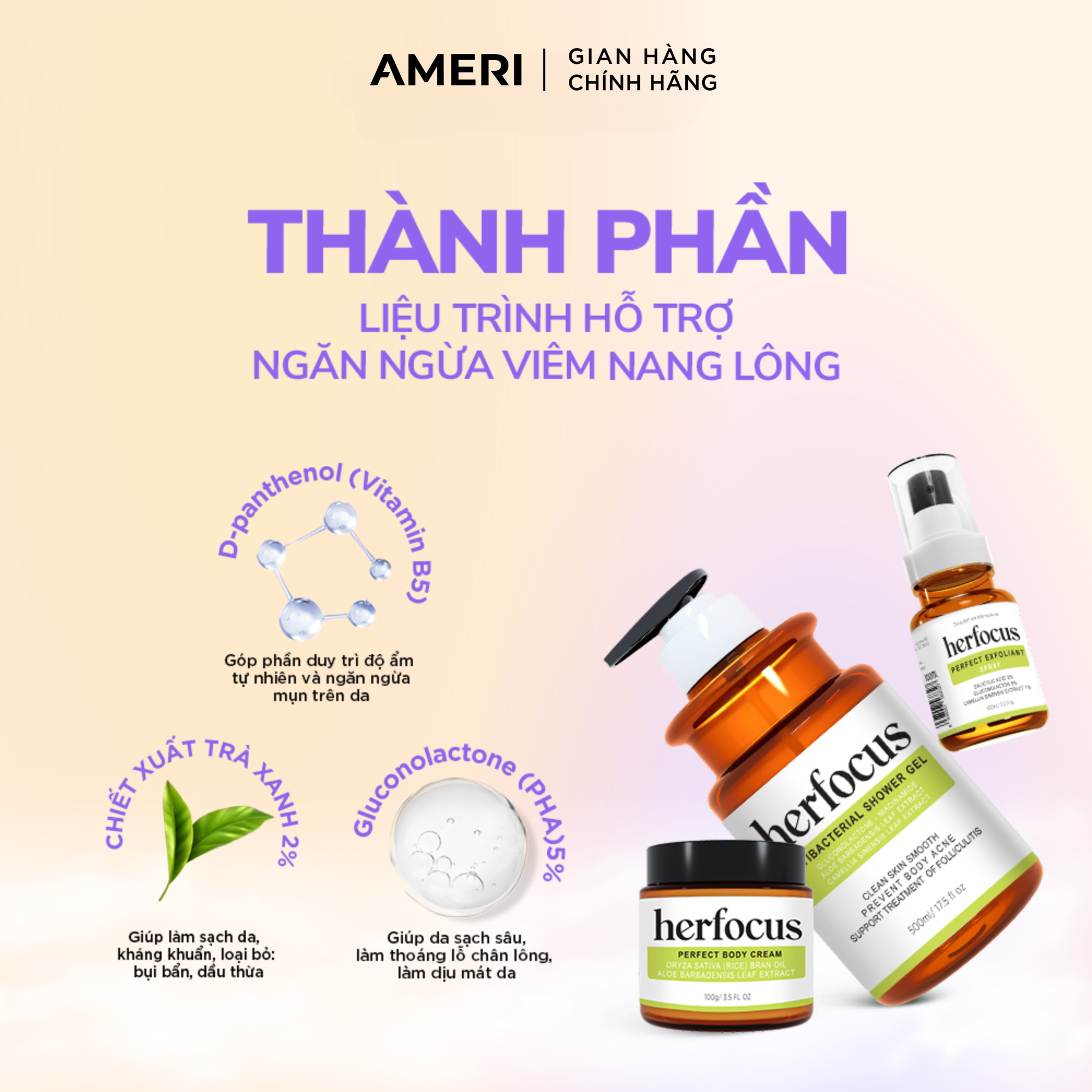 Mô tả Bộ viêm nang lông, viêm lỗ chân lông, Xịt mụn lưng HERFOCUS ngăn ngừa mụn, giảm thâm MEE NATURAL - 3
