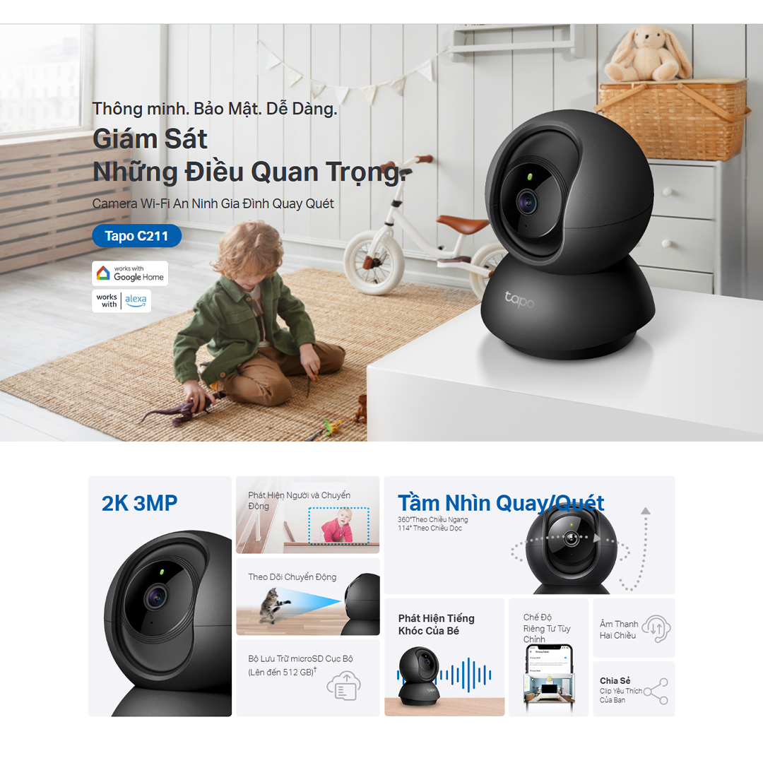 Mô tả Camera Wifi TP-Link Tapo C211 Độ Phân Giải 3MP 2K UHD Quay/Quét 360°, Camera An Ninh Gia Đình - 1