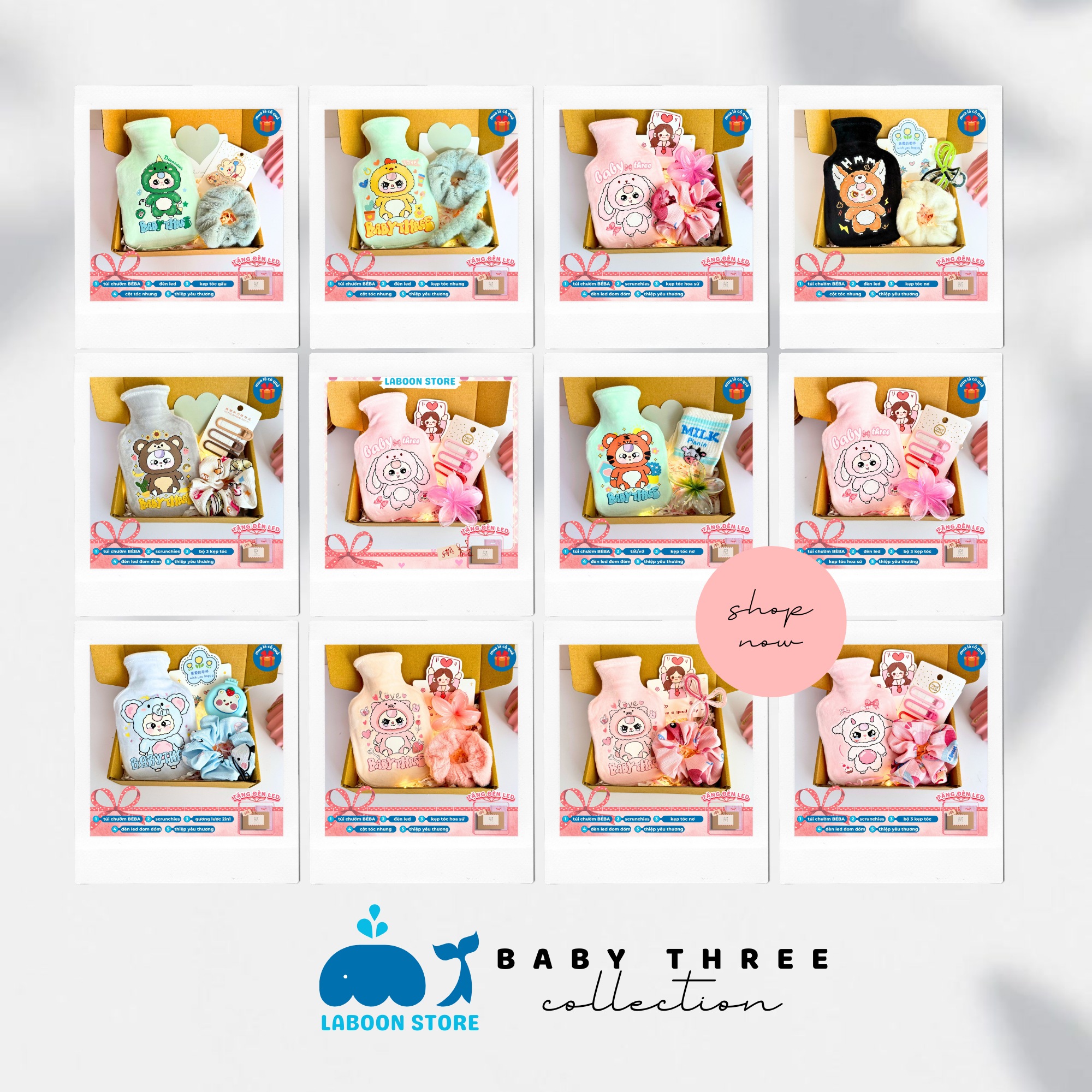 Mô tả Bộ sưu tập túi chườm baby three 12 con giáp size 350ml 1000ml mix kèm phụ kiện tóc dễ thương - 1