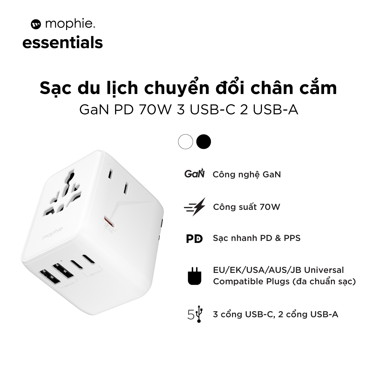 Mô tả Củ sạc nhanh đa năng 35W/70W  Mophie Essential 3C2A công nghệ GaN - dành cho iPhone / iPad / Android - 1