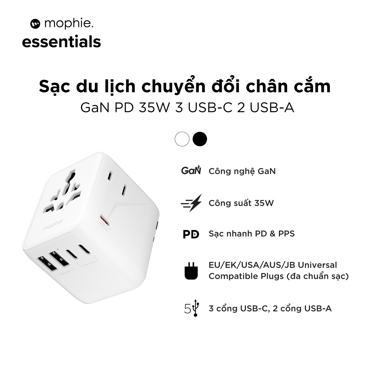 Mô tả Củ sạc nhanh đa năng 35W/70W  Mophie Essential 3C2A công nghệ GaN - dành cho iPhone / iPad / Android - 2