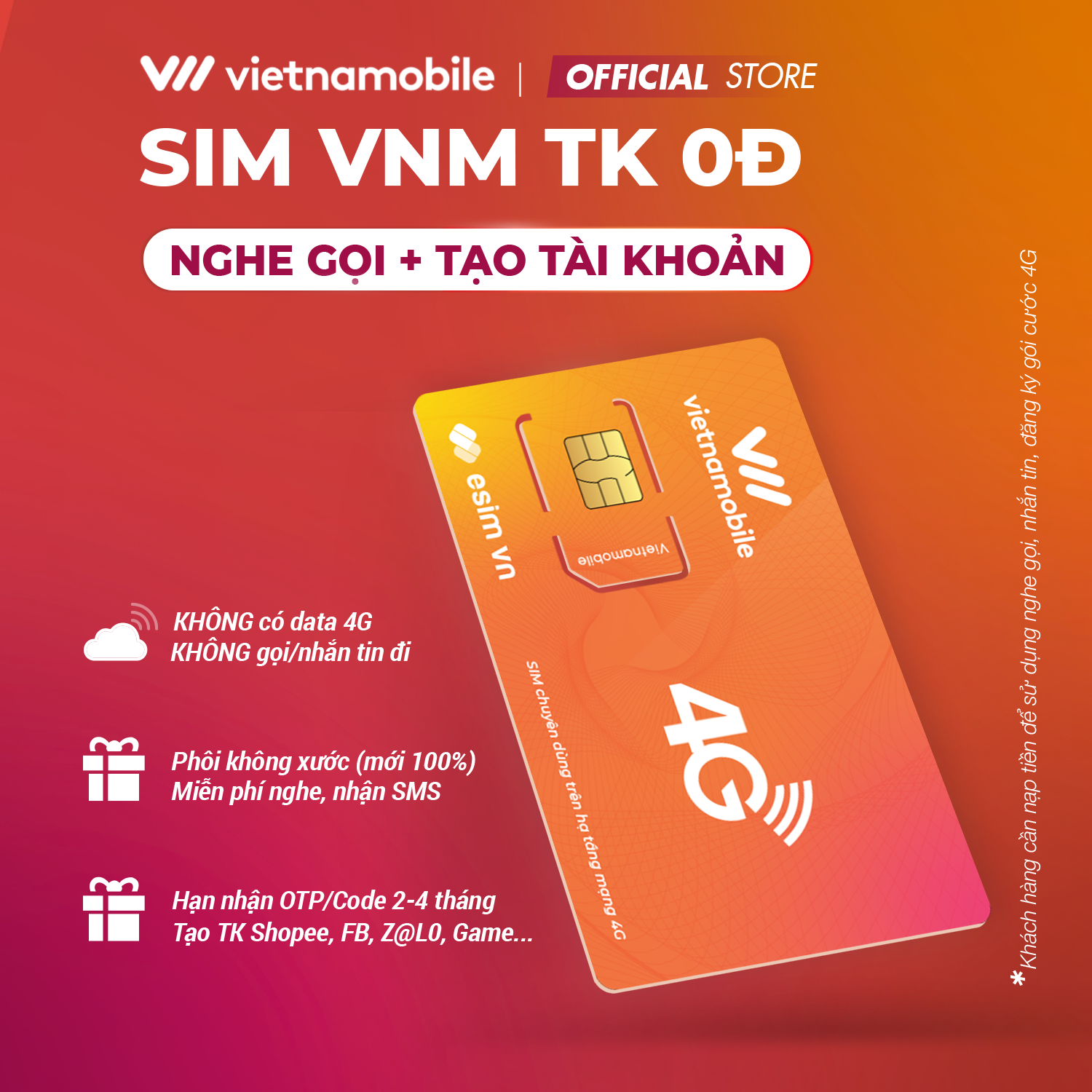 Mô tả Sim Vietnamobile TK 0 Đ - KHÔNG CÓ DATA 4G. Có Thể Tạo Tài Khoản Shopee, Fb, ZL, Laz, M, X, WS, Game... - 1