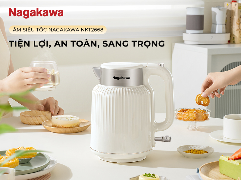 Mô tả Ấm siêu tốc 1.7L Nagakawa NKT2668, Thân ấm 2 lớp nhựa cao cấp & inox 304, Rơ le kép an toàn, tự ngắt khi nước sôi - 1
