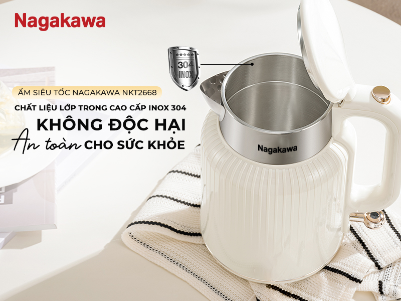 Mô tả Ấm siêu tốc 1.7L Nagakawa NKT2668, Thân ấm 2 lớp nhựa cao cấp & inox 304, Rơ le kép an toàn, tự ngắt khi nước sôi - 2