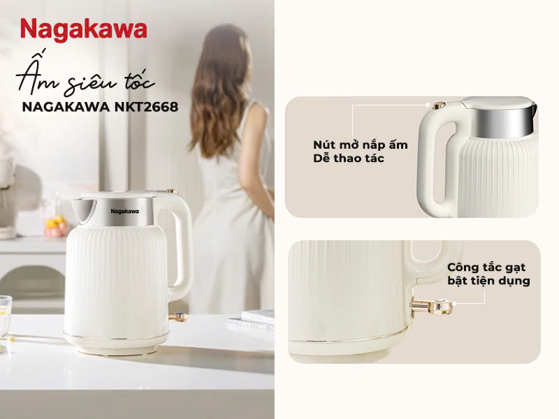 Mô tả Ấm siêu tốc 1.7L Nagakawa NKT2668, Thân ấm 2 lớp nhựa cao cấp & inox 304, Rơ le kép an toàn, tự ngắt khi nước sôi - 4