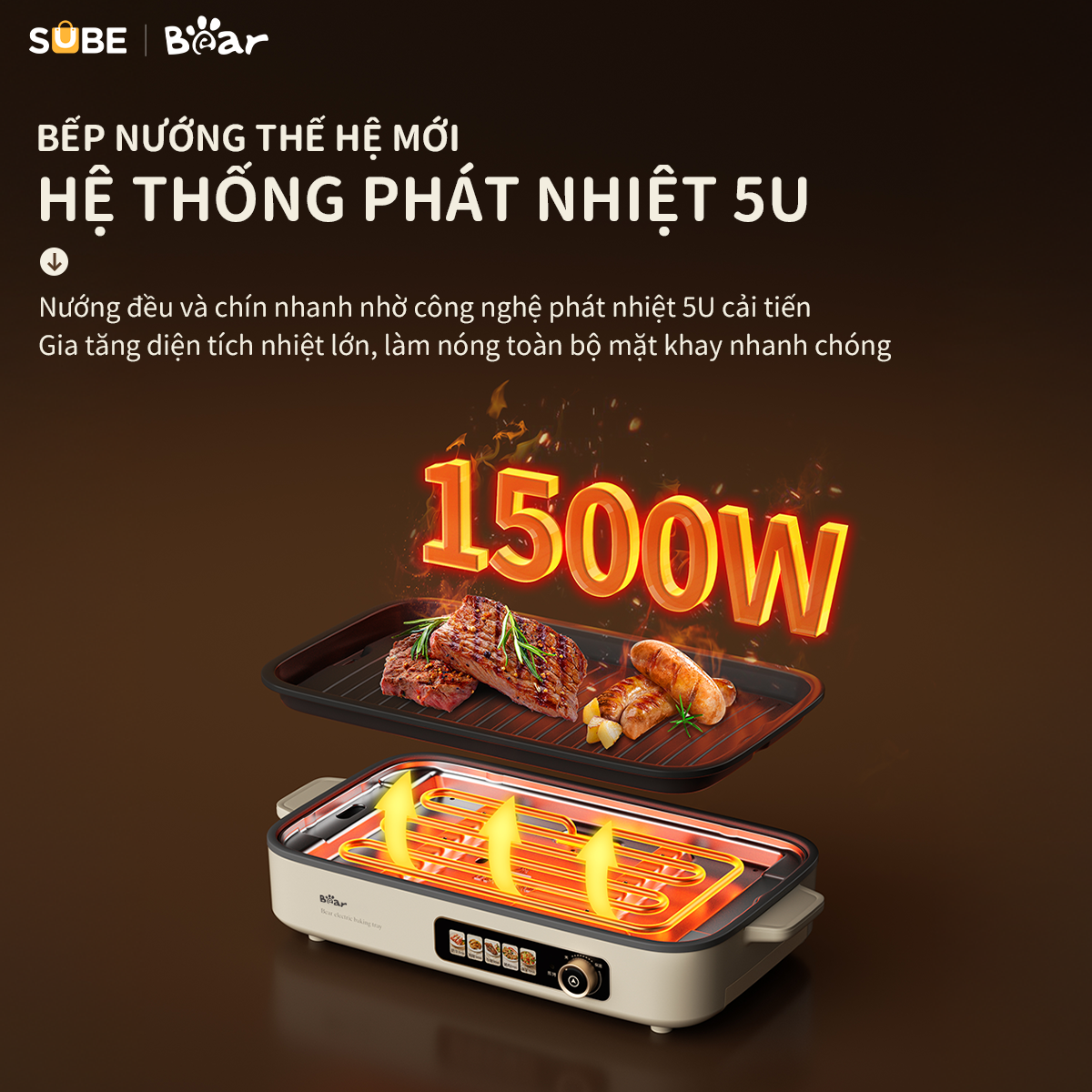 Mô tả Bếp Nướng Điện Không Khói Bear Đa Năng Chiên Xào Khay Nướng Hệ Thống Phát Nhiệt 5U Phân Bố Nhiệt Đồng Đều GR-4H15C - 4