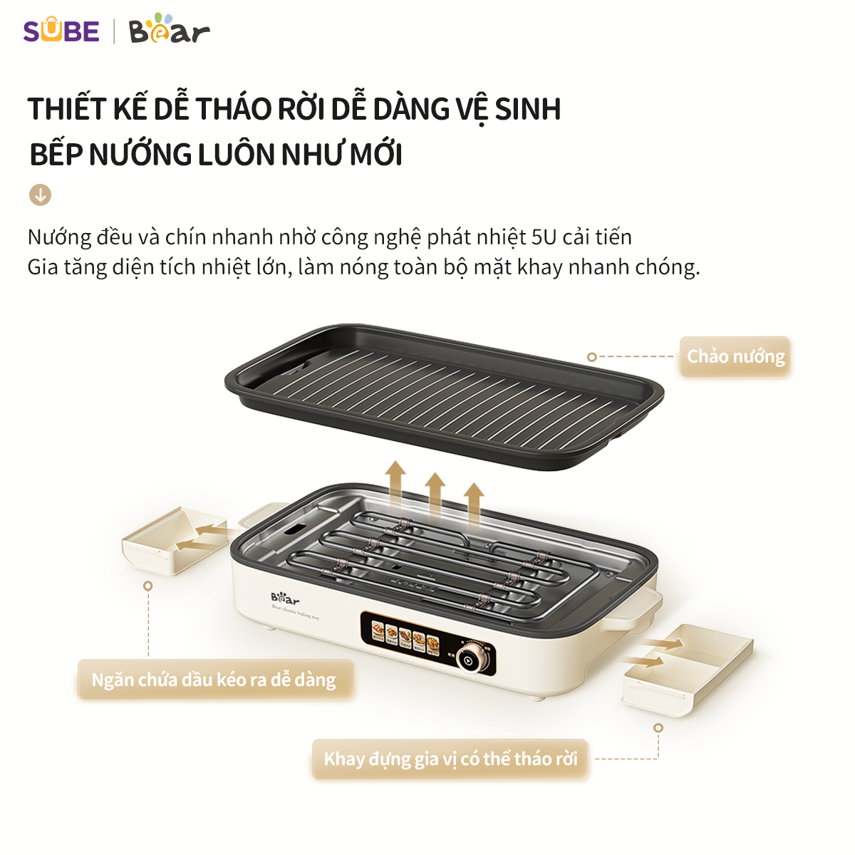 Mô tả Bếp Nướng Điện Không Khói Bear Đa Năng Chiên Xào Khay Nướng Hệ Thống Phát Nhiệt 5U Phân Bố Nhiệt Đồng Đều GR-4H15C - 6