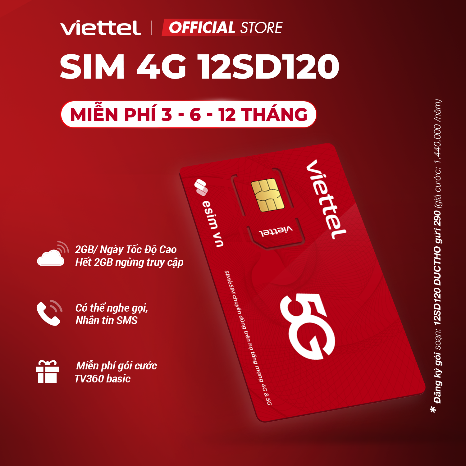 Mô tả Sim 4G Viettel 12SD120 2GB/Ngày - 60GB/Tháng. Data Tốc Độ Cao - Max Băng Thông. Trọn Gói 1 Năm Không Nạp Tiền - 1