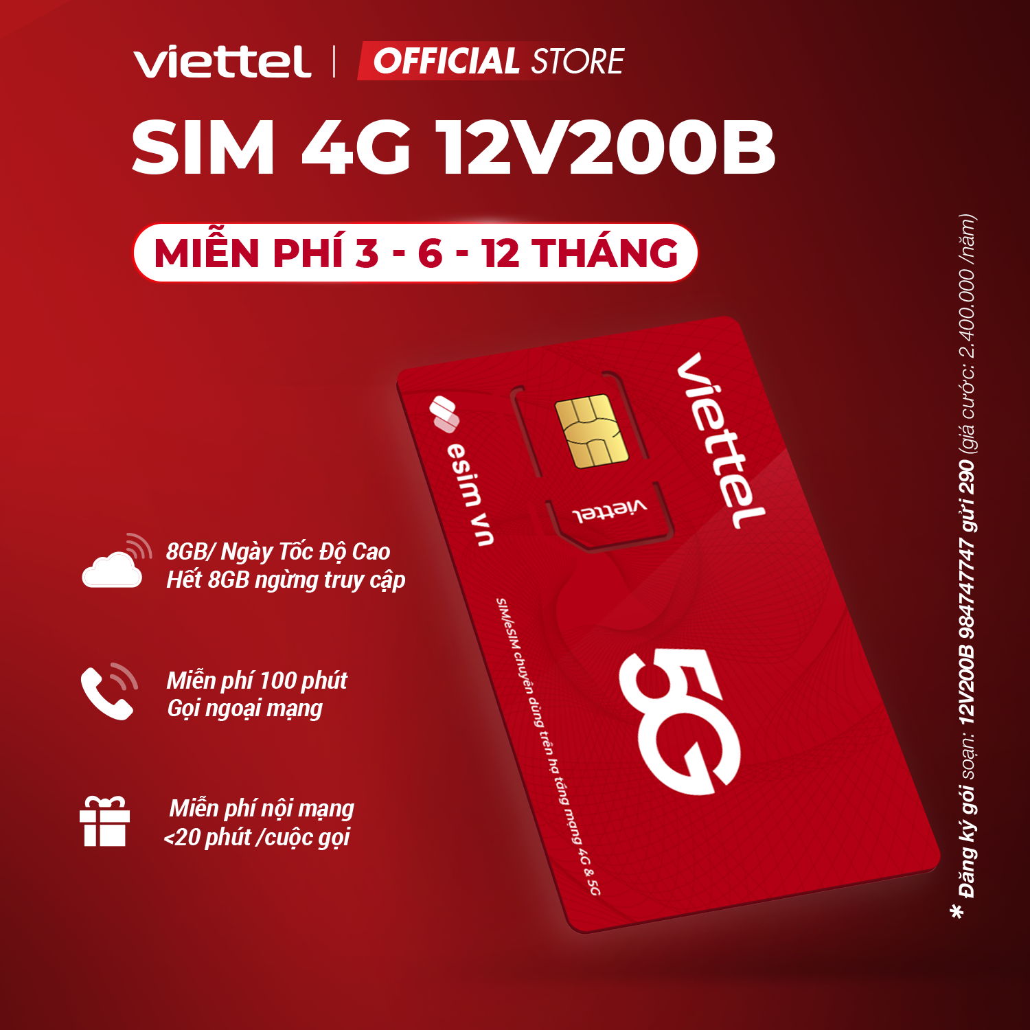 Mô tả Sim 4G Viettel 12V200B 8GB/Ngày (240GB/Tháng) + 100P Ngoại Mạng + Nội Mạng Trọn Gói 12 Tháng Không Nạp Tiền - 1