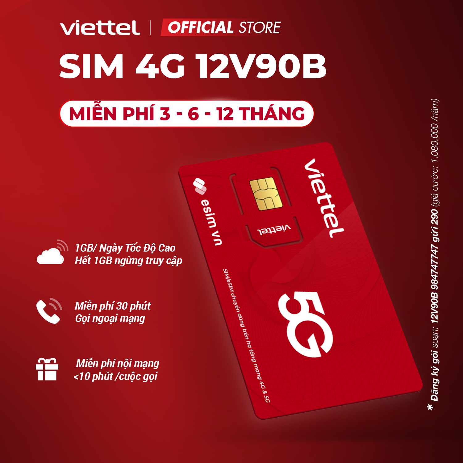 Mô tả Sim Viettel 12V90B Data 1GB/Ngày (30GB/Tháng) + 30P Ngoại Mạng + Nội Mạng <10P. Trọn Gói 1 Năm Không Nạp Tiền - 1