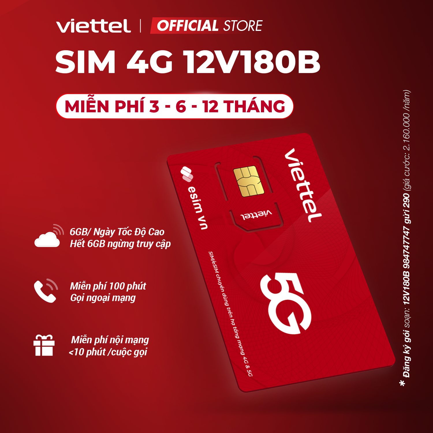 Mô tả Sim 4G Viettel 12V180B 6GB/Ngày (180GB/Tháng) + 100P Ngoại Mạng + Nội Mạng Trọn Gói 12 Tháng Không Nạp Tiền - 1