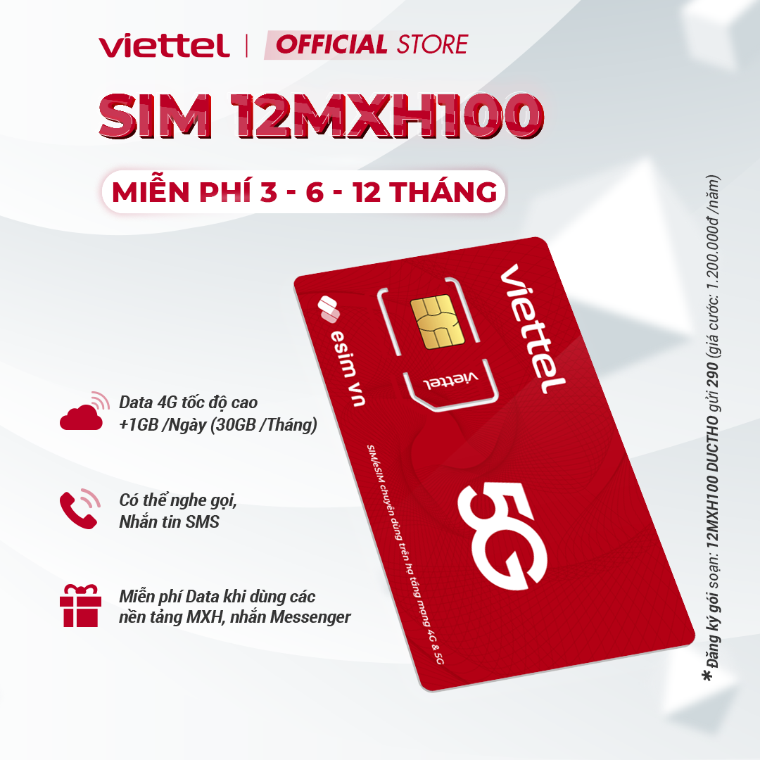 Mô tả Sim Viettel 12MXH100 1GB/Ngày + 50GB Data/Tháng Truy Cập TiToc, YouTuB, FB. Trọn Gói 1 Năm Không Nạp Tiền - 1